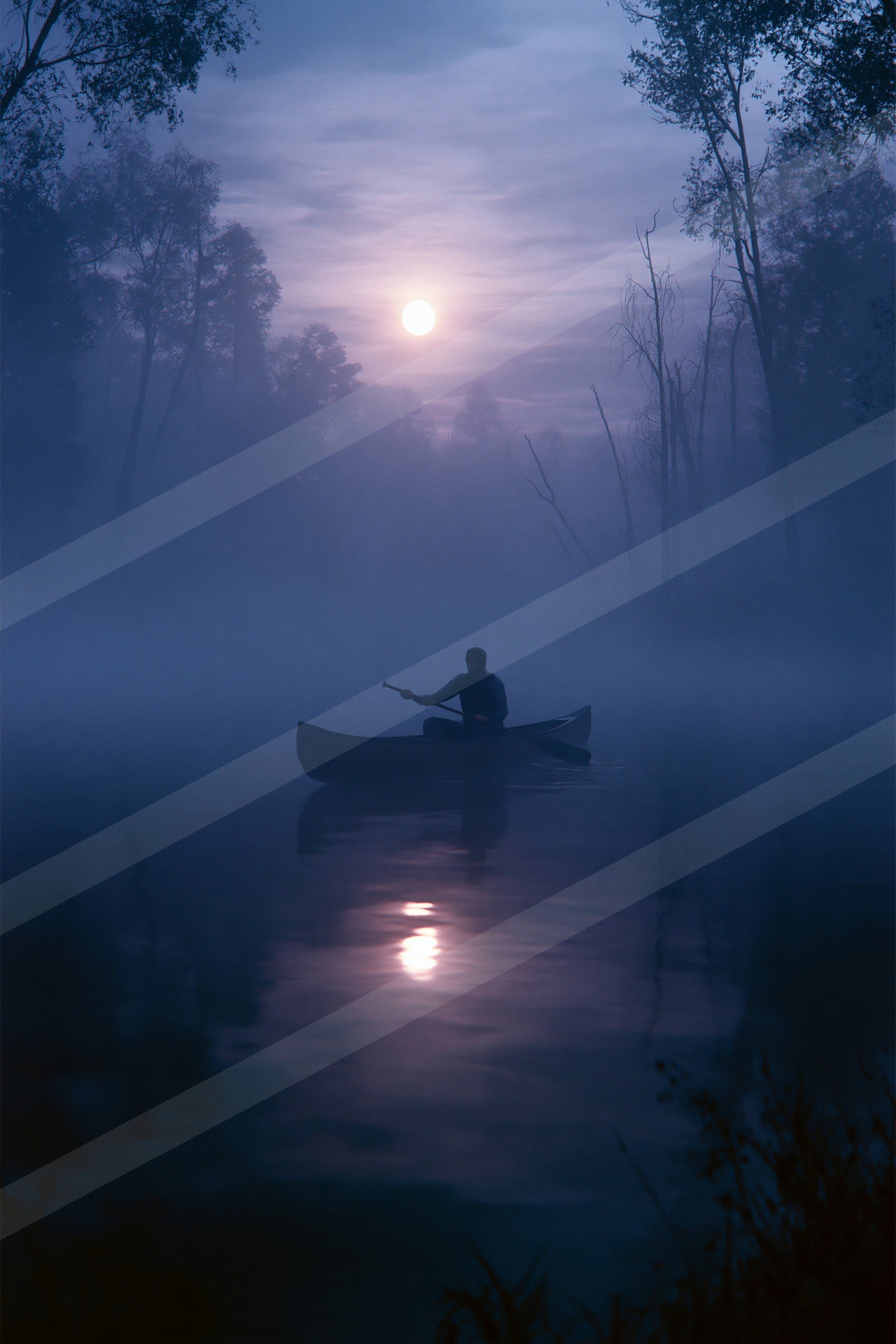 A lone canoeist paddles through a serene lake surrounded by mist and tall trees, with the moon shining brightly overhead.