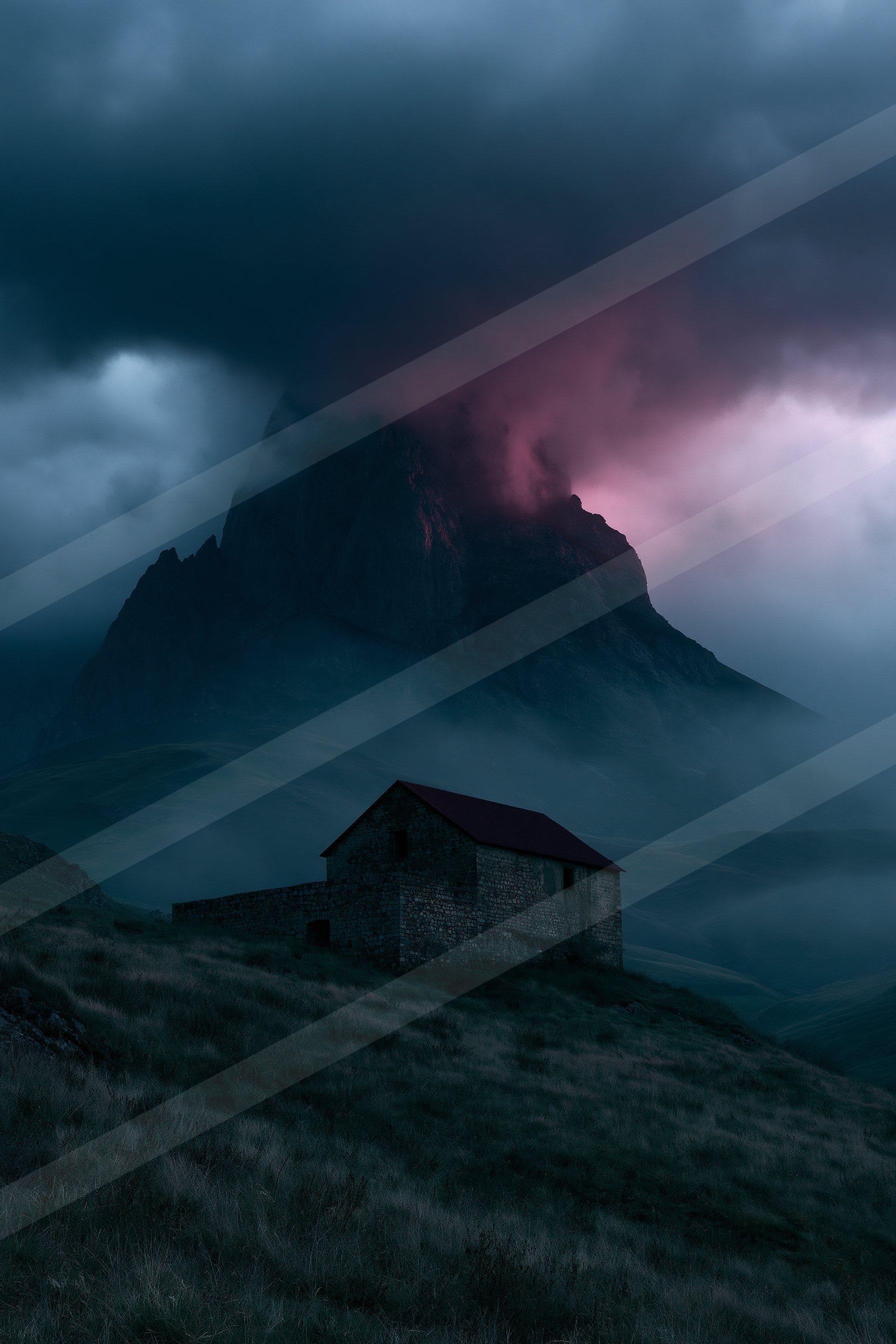 A mysterious long exposure landscape of a mountains, fog.
