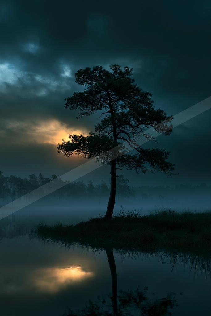 A solitary pine tree stands on a grassy bank beside a calm lake, its reflection visible in the still water, with thick fog and a glowing sunrise breaking throug