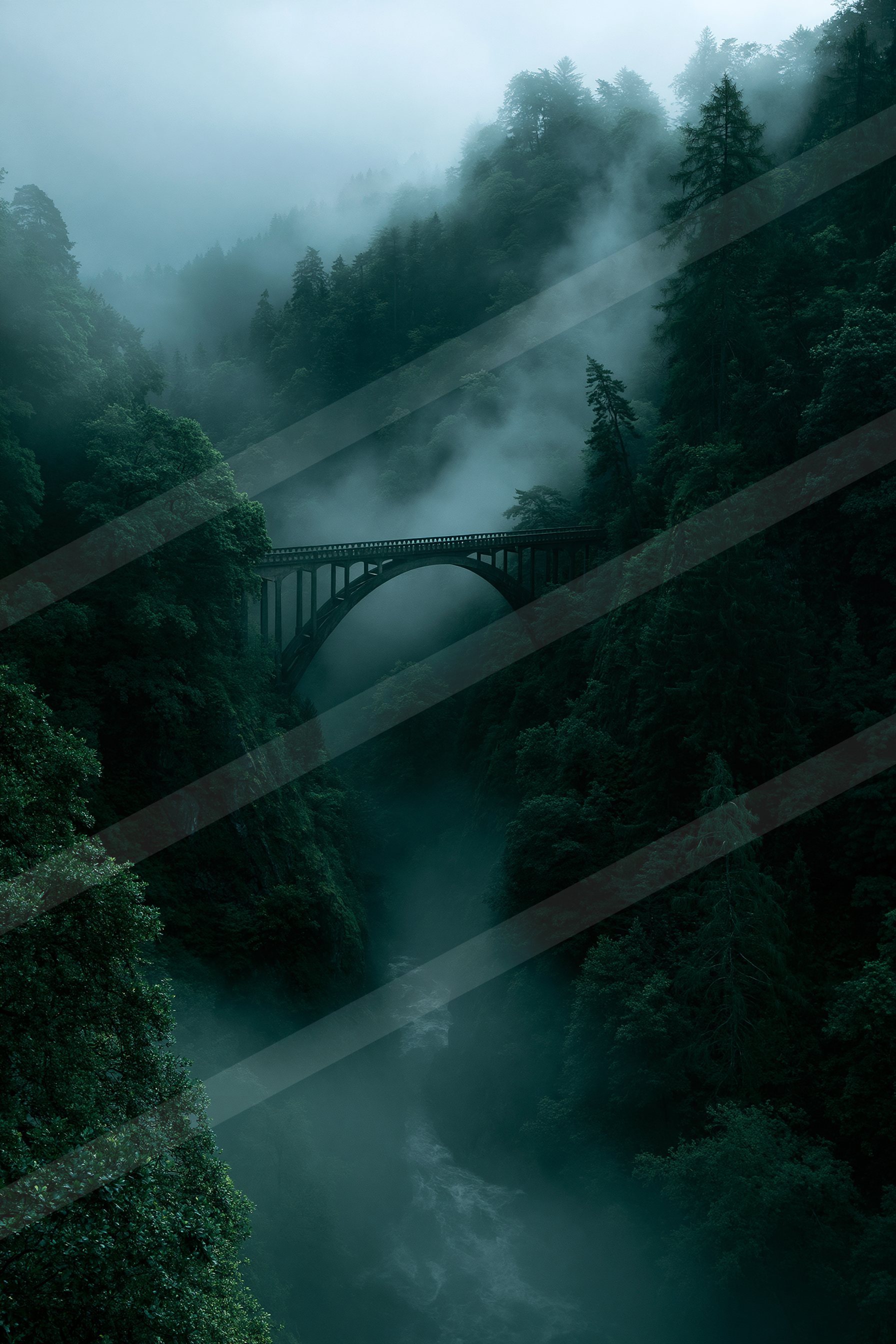 A mysterious water scene of a river, fog.