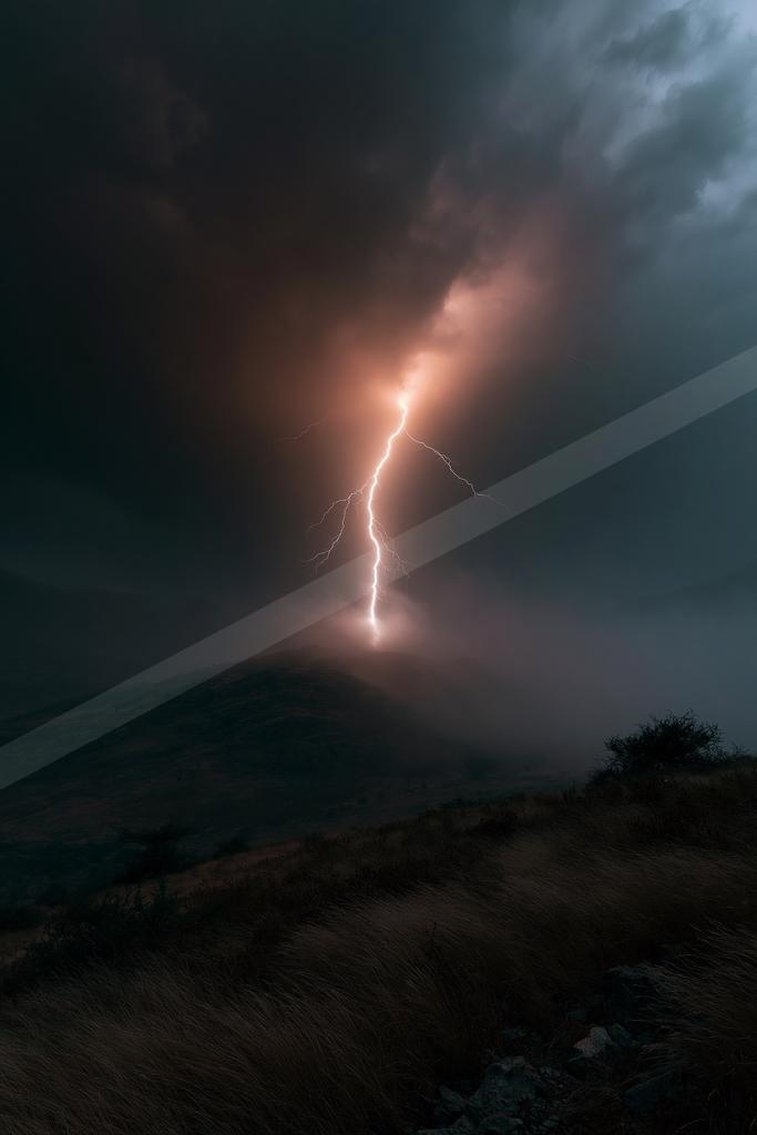 A bright white lightning bolt strikes the peak of a dark hill under a turbulent, cloudy sky, illuminating the surrounding mist and landscape.