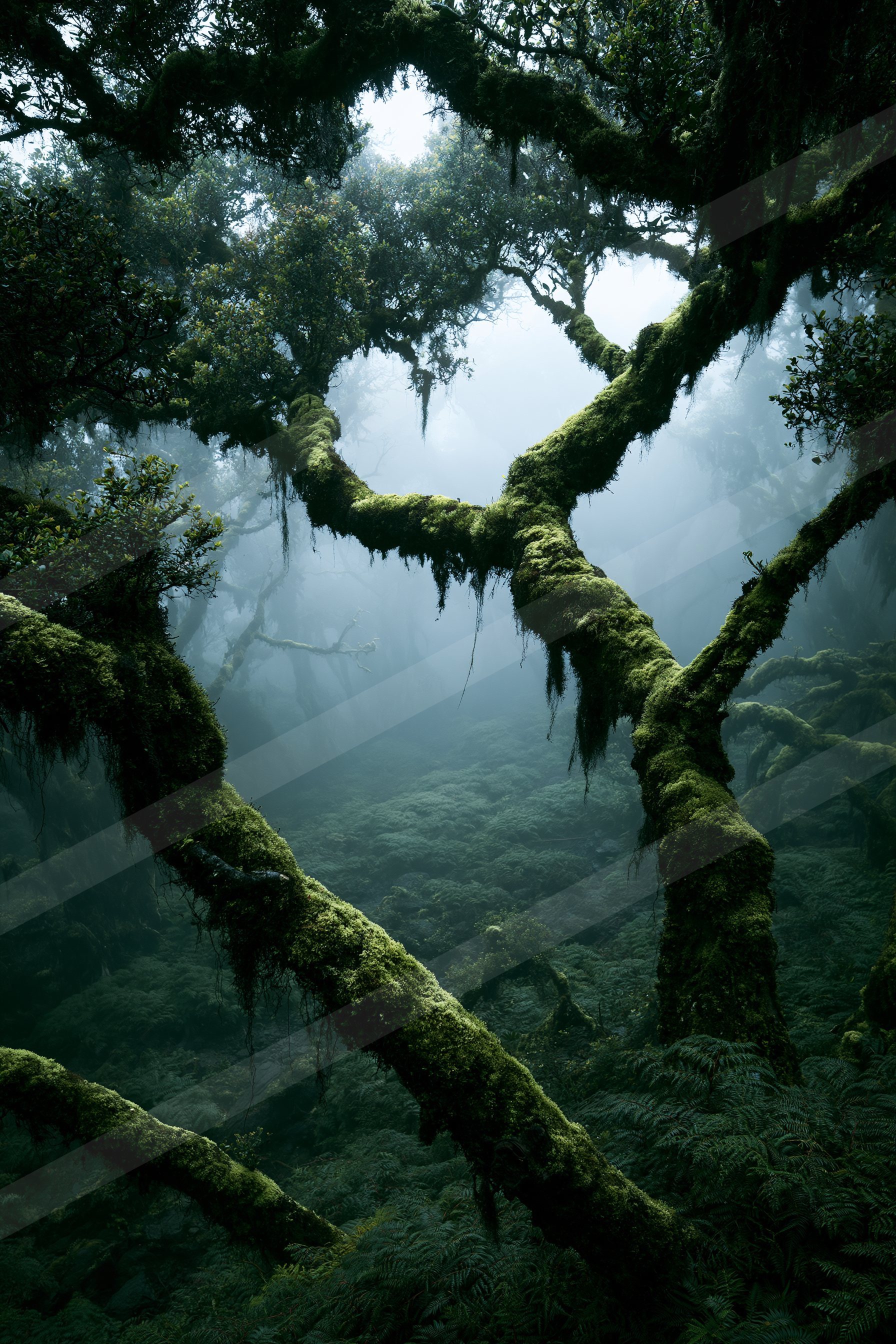 A dense forest scene featuring moss-covered tree branches forming a natural archway, surrounded by fog.