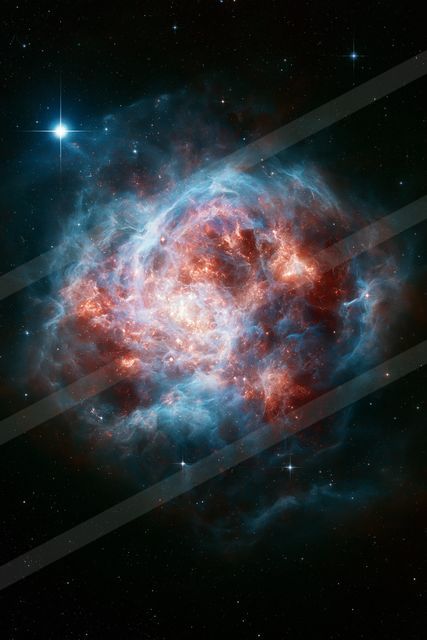 A stunning nebula with swirling red and blue clouds against a starry black background, showcasing the beauty of deep space.
