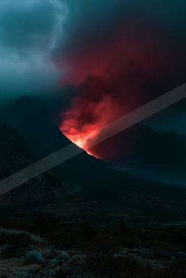 A powerful volcanic eruption sends a bright red and orange glow into the night sky, illuminating thick smoke and clouds above a rugged mountain range.