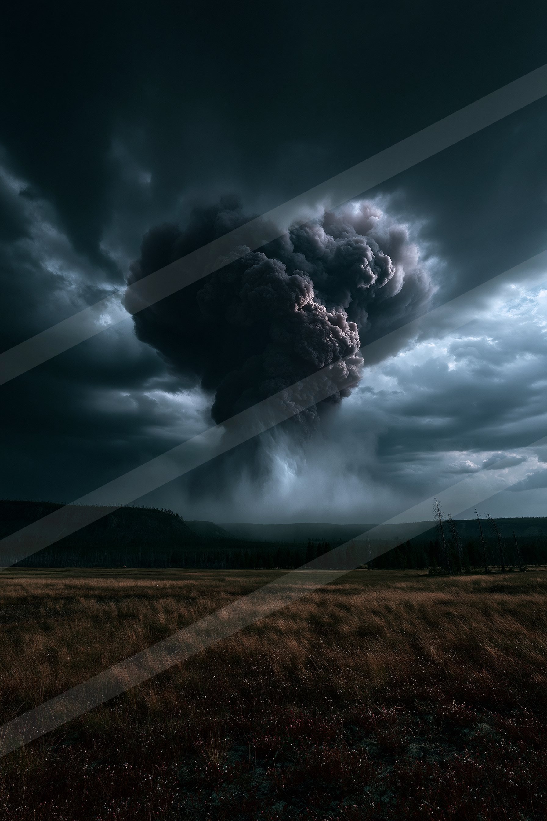 A towering storm cloud dominates the darkening sky over a vast open field, creating an ominous and awe-inspiring scene.