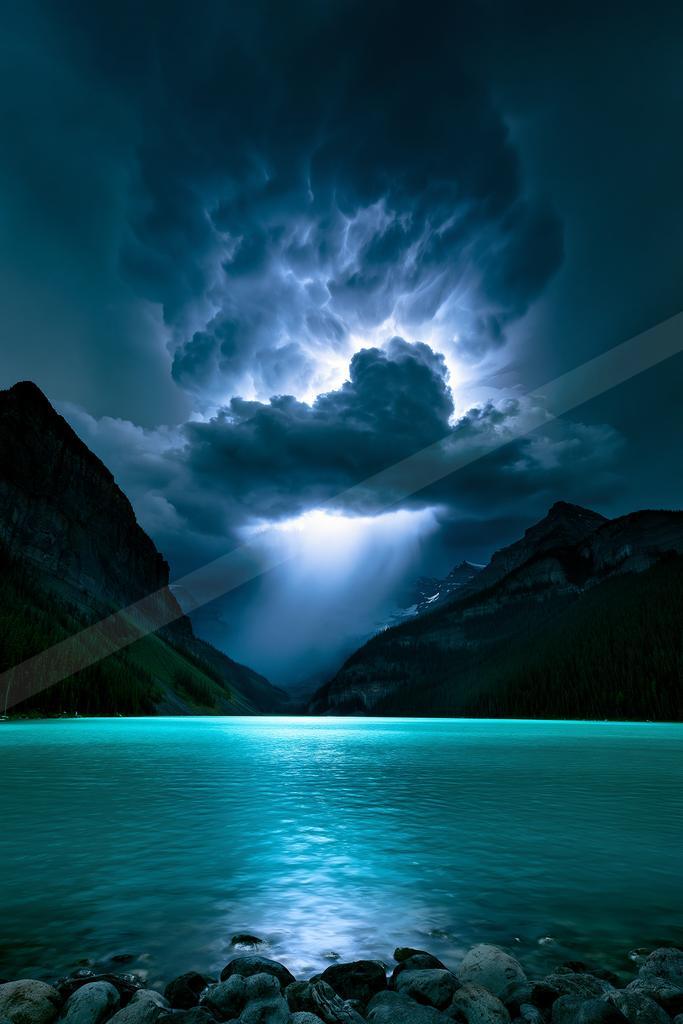 A blue hour sky scene of storm, lake, clouds.