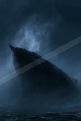 A moody water scene of ocean, boat.