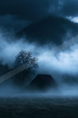 A night long exposure sky scene of storm, fog.