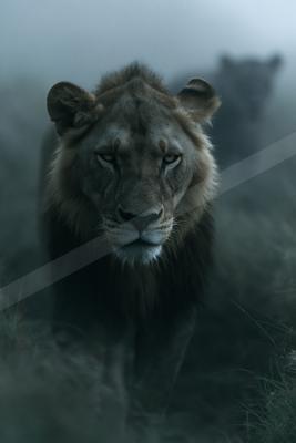 A lioness with a focused gaze walks directly toward the viewer through thick fog in a grassy landscape, with a second lion faintly visible in the background.
