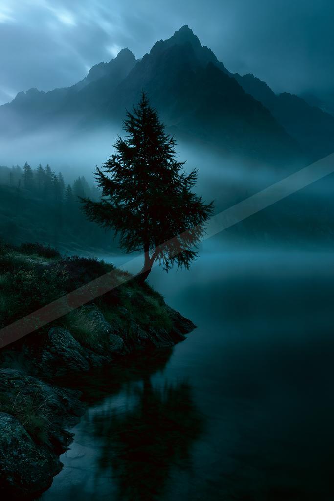 A solitary evergreen tree stands on a rocky lakeshore with thick fog swirling around a jagged mountain peak in the background under a moody blue twilight sky.