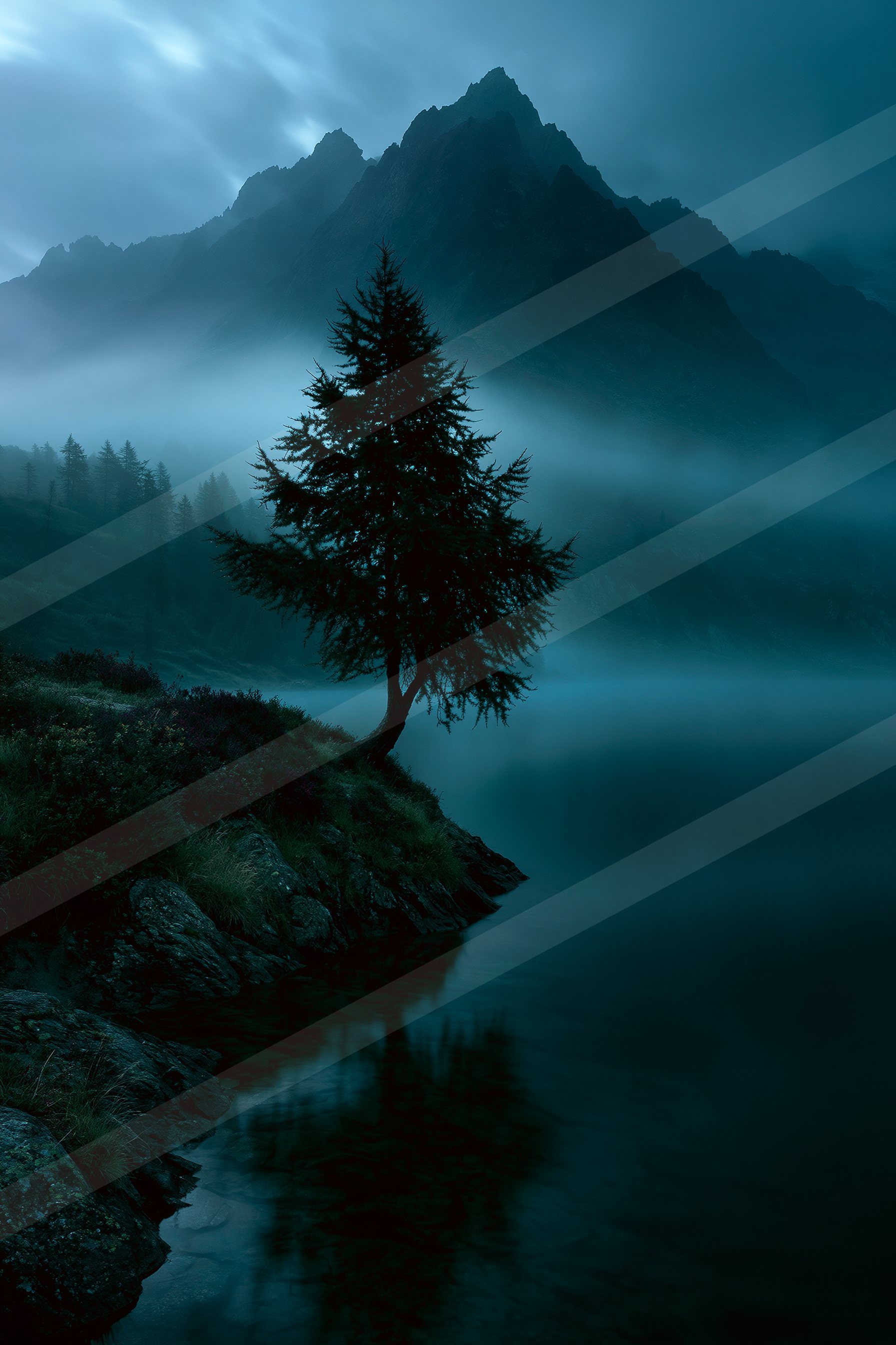 A mysterious high contrast nature scene of a pine tree, fog.