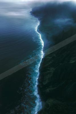 A serene water scene of ocean, fog.