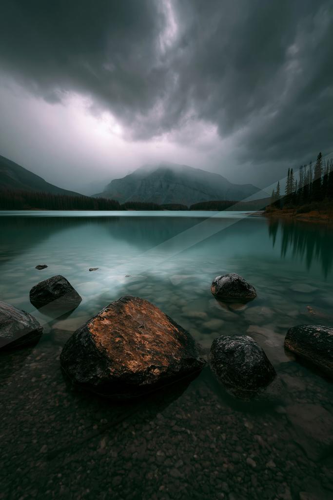 A serene water scene of lake, storm, mountains.