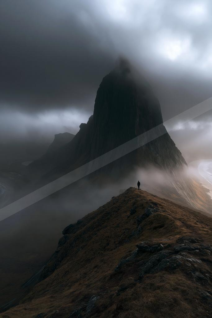 A solitary person stands on a rocky mountain ridge overlooking a massive, fog-shrouded peak under a brooding, cloudy sky.