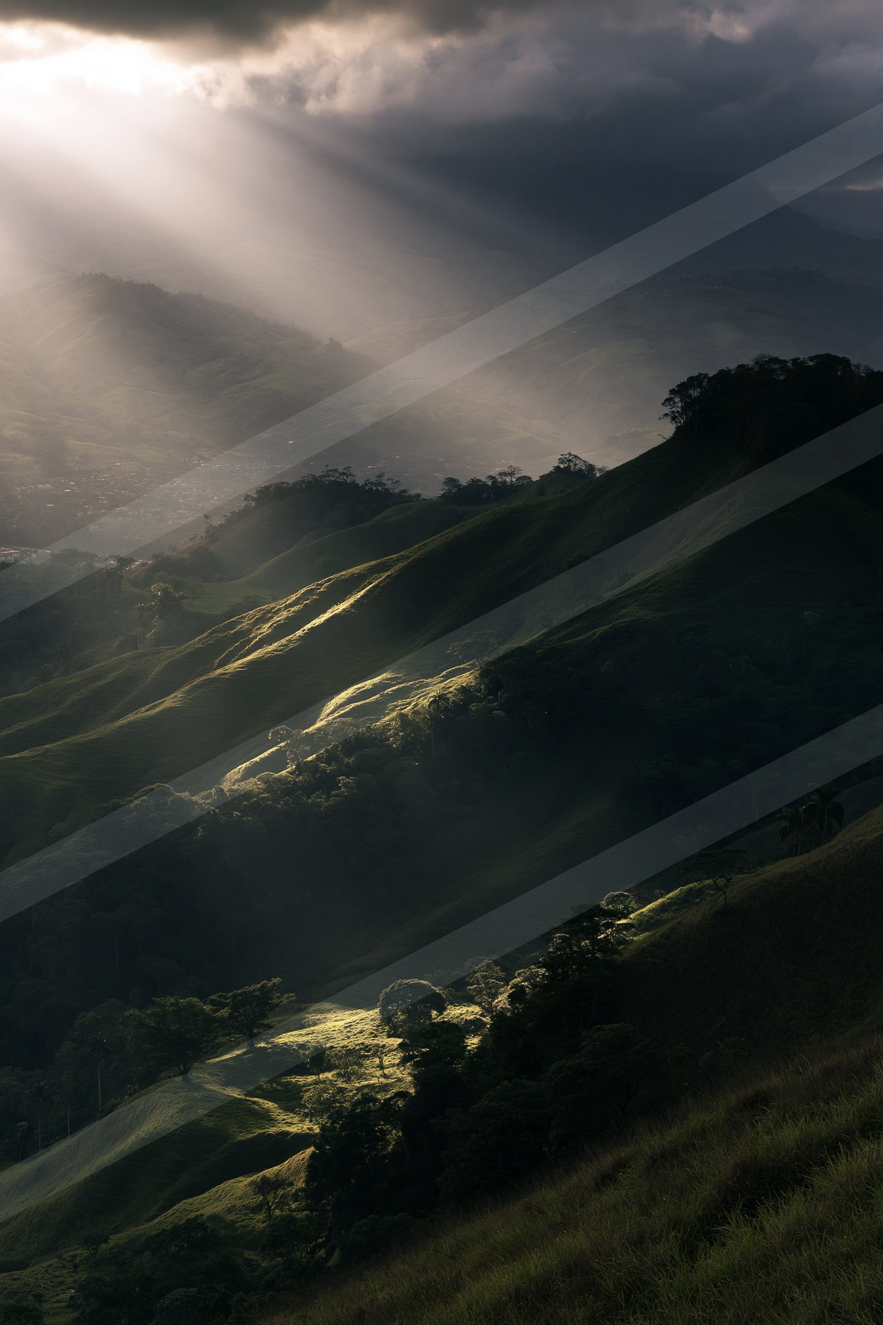 A black-and-white ethereal high contrast landscape of a rolling hills, fog.