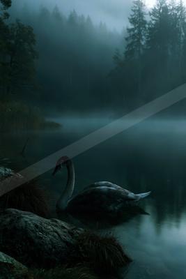 A swan swims gracefully on a calm, misty lake surrounded by a dense, foggy forest at dawn.