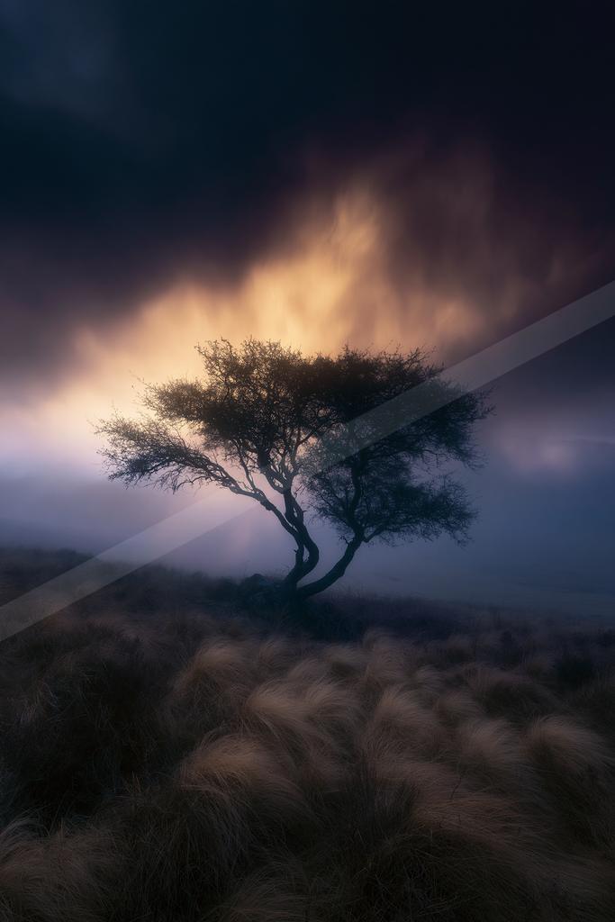 A dramatic nature scene of trees, storm, fog.