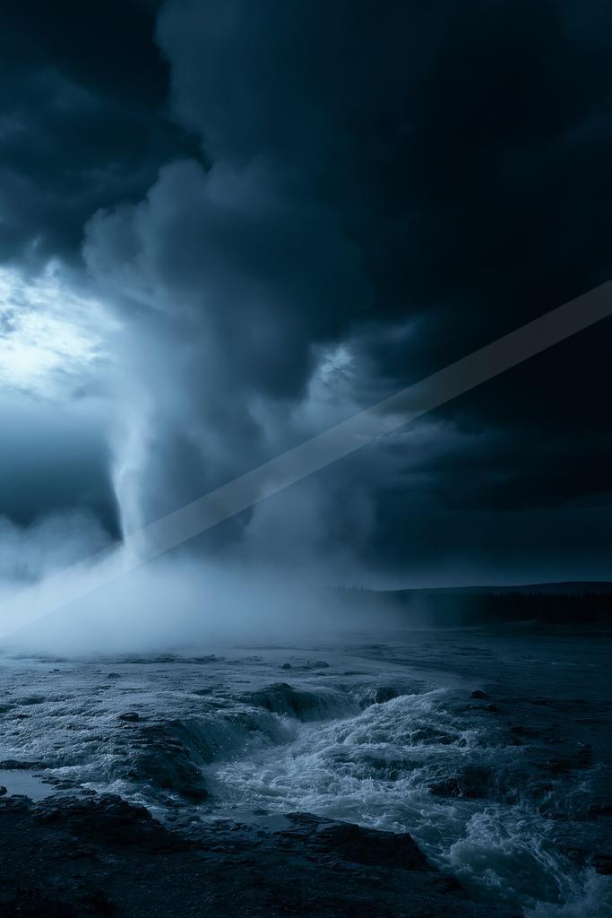 A black-toned moody photograph of geyser, beacon, breakwater.