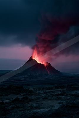 A volcano erupting with bright red lava and a large plume of dark smoke rising into the night sky, set against a barren rocky landscape.