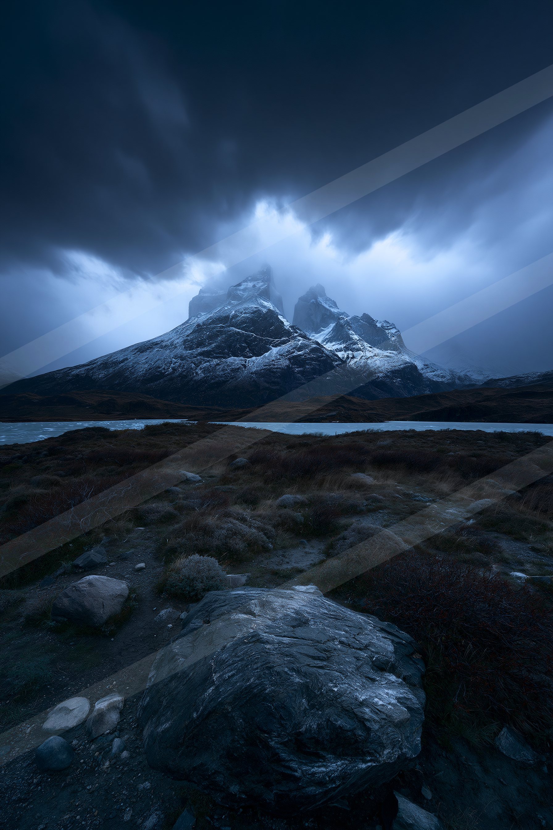 A night long exposure landscape of a glacier, ice.