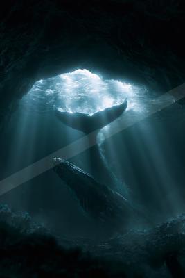 A black-toned moody photograph of grey whale, killer whale, leatherback turtle.