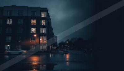 a dimly lit urban street with apartment buildings and a car driving by under a cloudy sky.