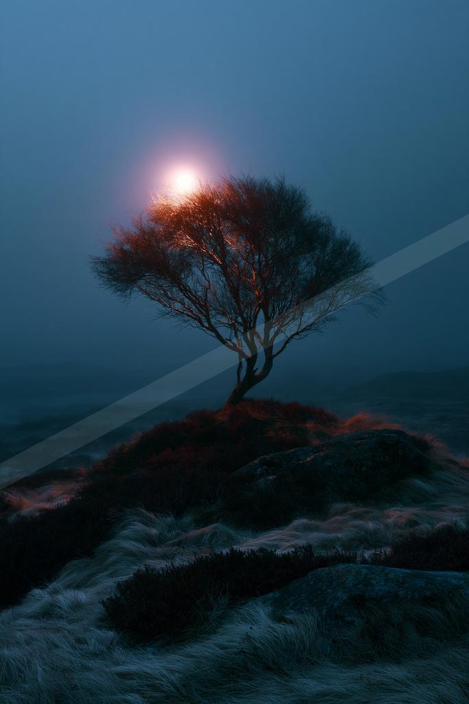 A solitary tree stands on a rocky, grassy hill under a bright glowing moon in a foggy blue night sky.