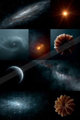 A moody sky scene of galaxy, nebula, planet.