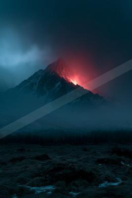A powerful volcanic eruption illuminates the night sky with intense red glow from the crater of a snow-covered mountain peak, surrounded by dark mist and a fore