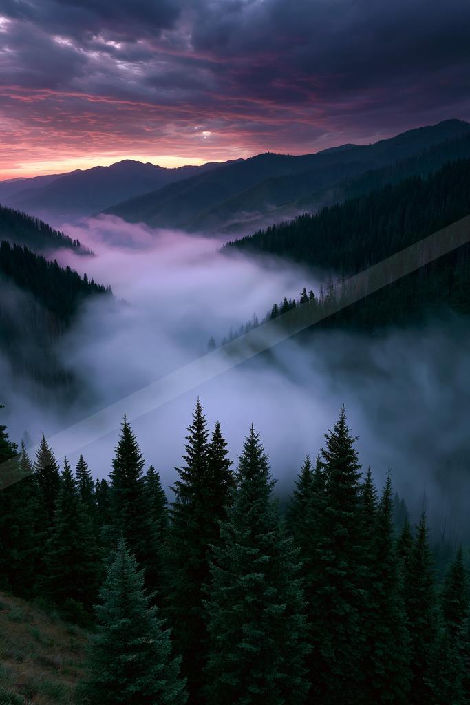 A moody landscape of mountains, valley, forest.