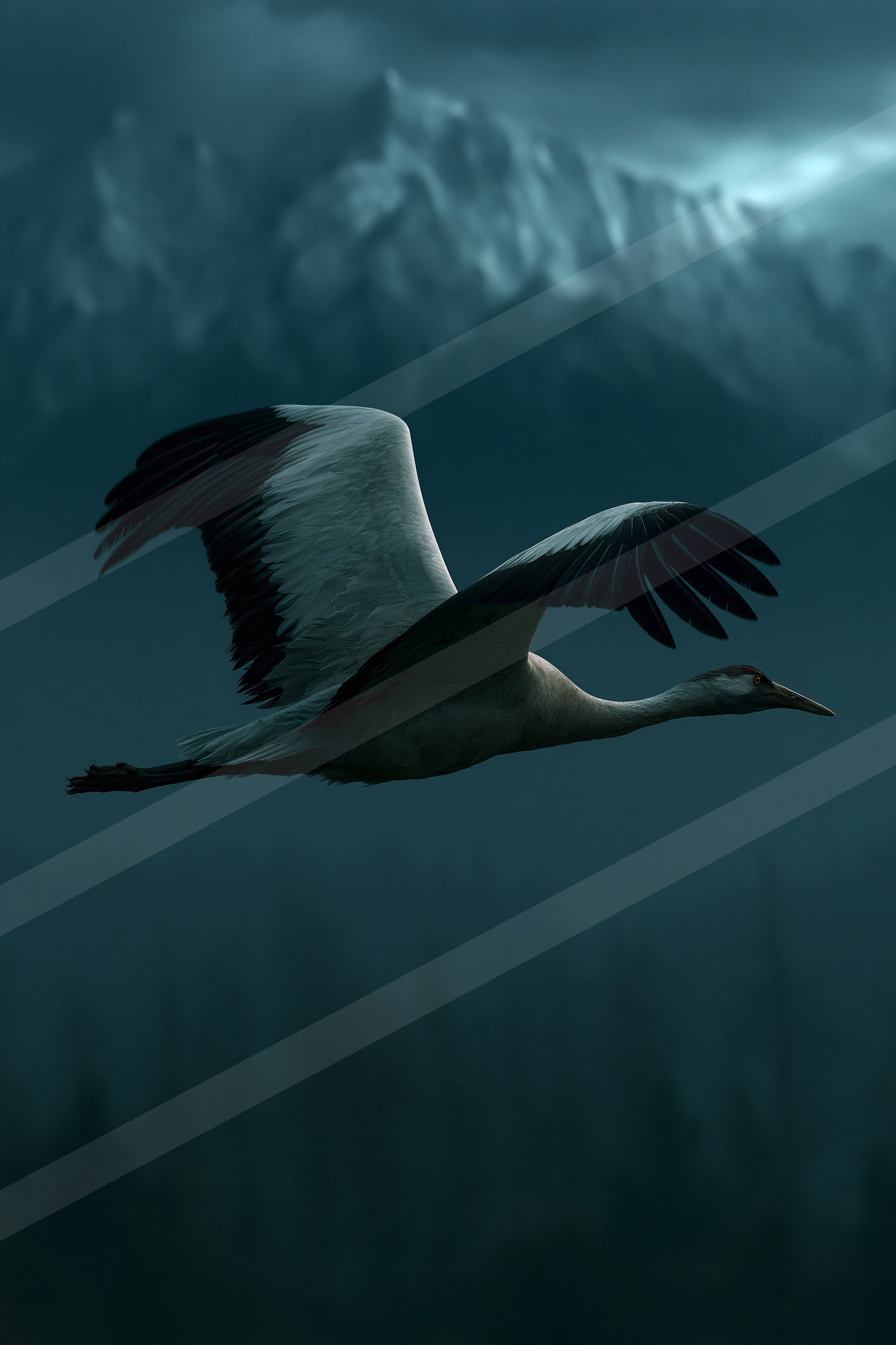 A bird with outstretched wings flies gracefully against a dark, misty mountain landscape.