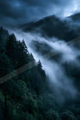 An ethereal landscape of a mountains, fog.