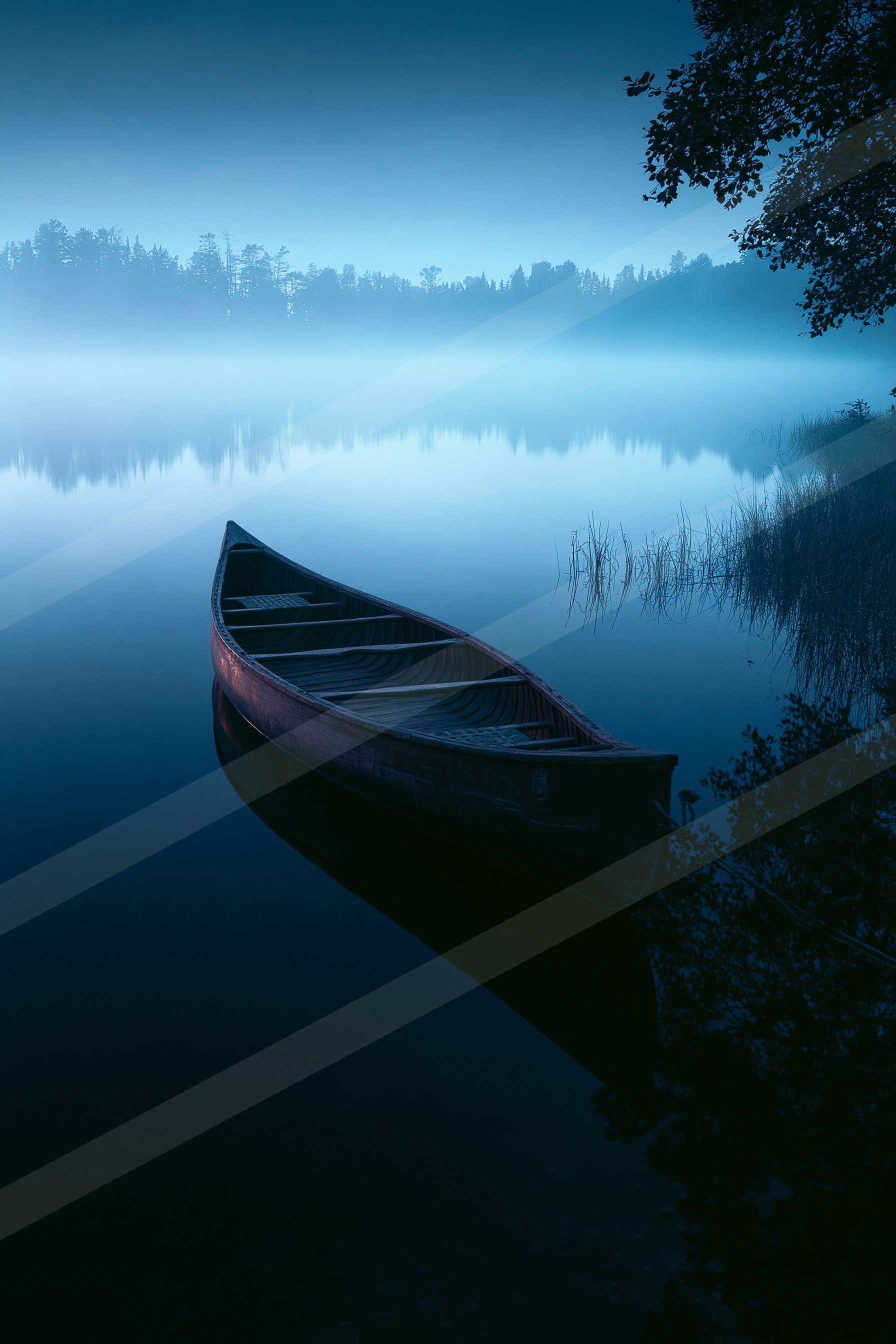 A mysterious negative space water scene of a lake, reflection.