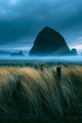A blue hour long exposure landscape of field, storm, beach.