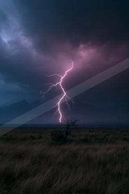 A bright purple-white lightning bolt strikes from dark storm clouds into a grassy plain with a lone dead tree in the foreground and mountains in the background.
