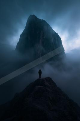 A mysterious negative space landscape of a mountains, silhouette.