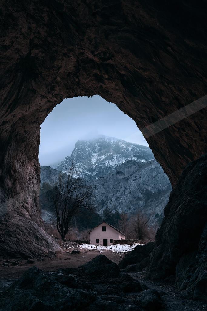 A night landscape of mountains, snow.