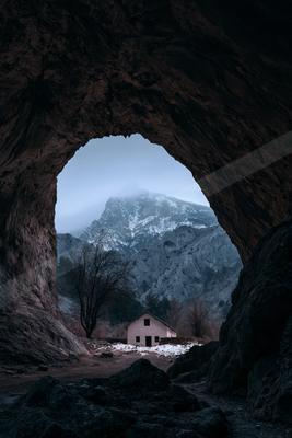 A night landscape of mountains, snow.