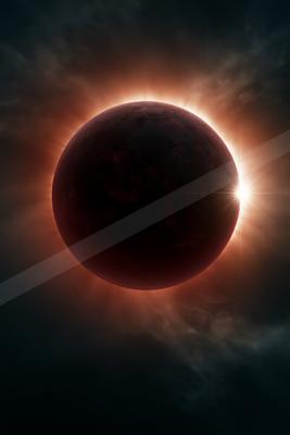 A large dark red planet partially obscuring a bright star during a solar eclipse, with a glowing corona and lens flare against a dark cloudy space background.