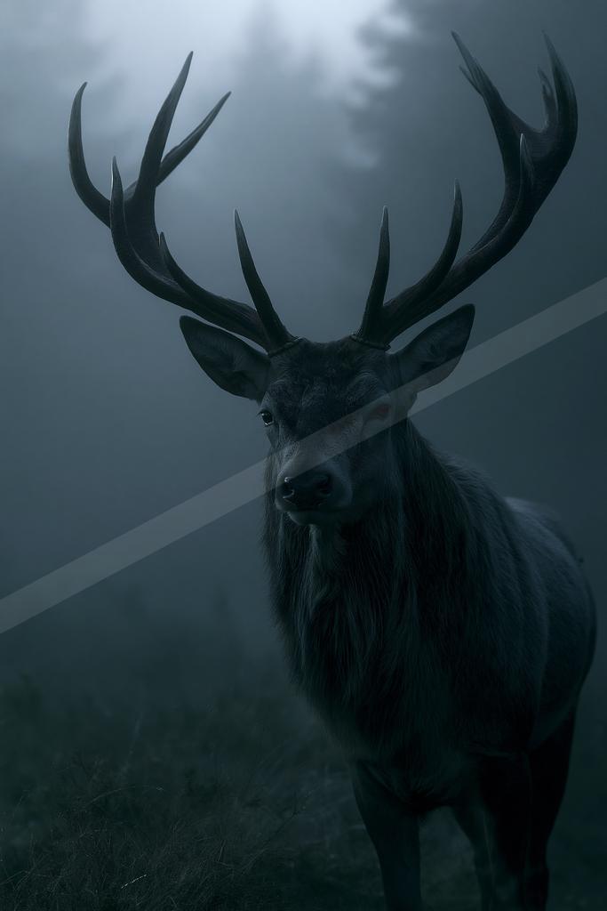 A large dark stag with impressive antlers stands in a foggy forest, looking directly at the viewer.