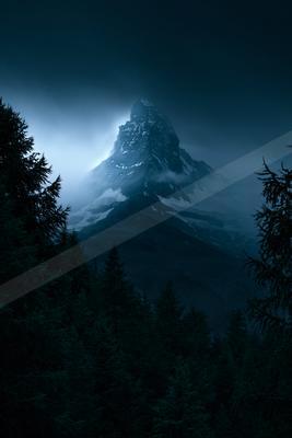 A majestic snow-covered mountain peak rises dramatically through a dense forest of dark evergreens, shrouded in mist under a deep blue night sky.