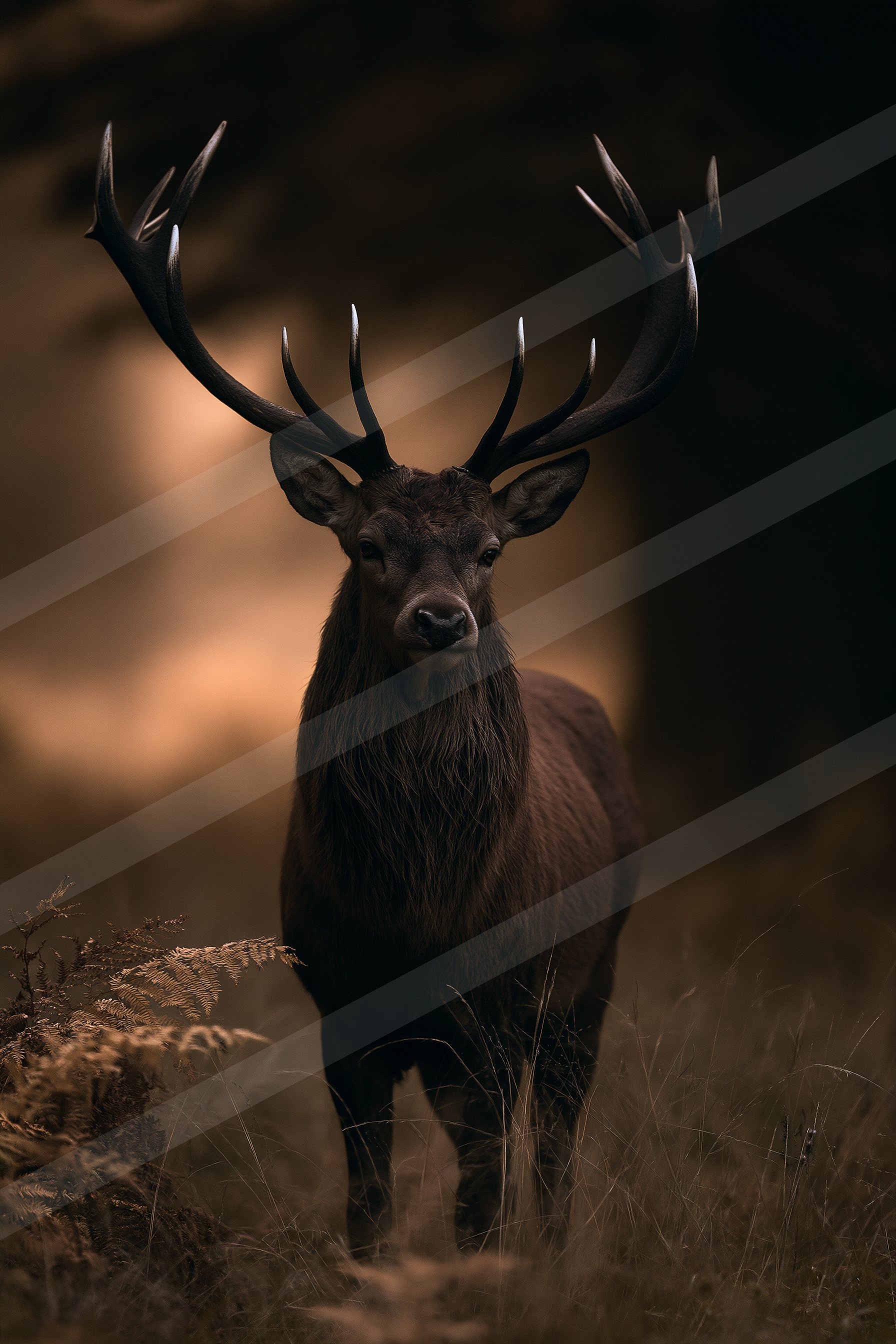 A powerful stag with large antlers stands prominently in a misty forest, its dark fur contrasting against the soft glow of light filtering through the trees.