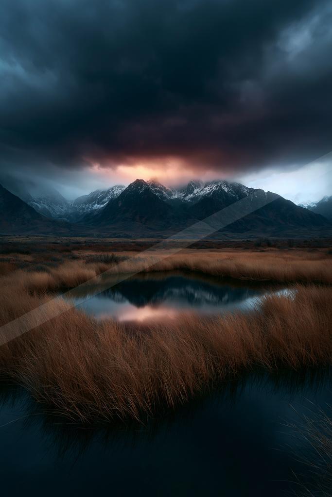 A dramatic long exposure water scene of lake, mountains, valley.