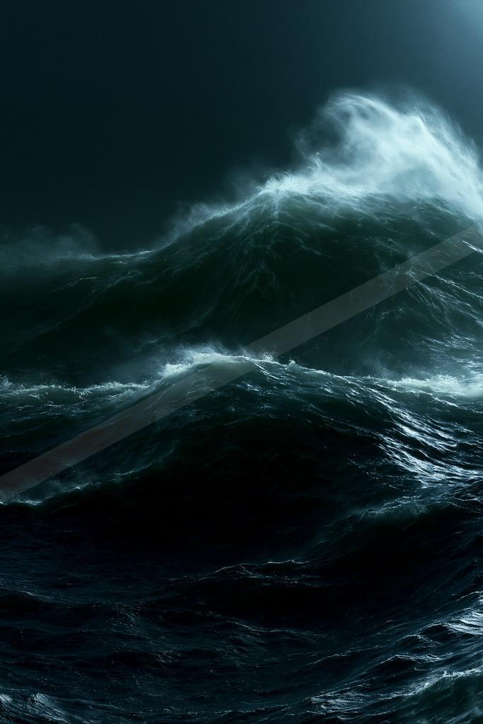 A powerful dark ocean wave with white foam cresting and crashing under a dark sky at night.