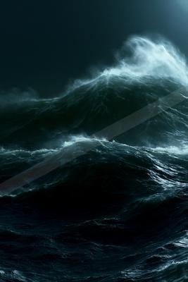A powerful dark ocean wave with white foam cresting and crashing under a dark sky at night.