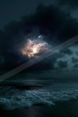 A night sky scene of storm, ocean, moon.