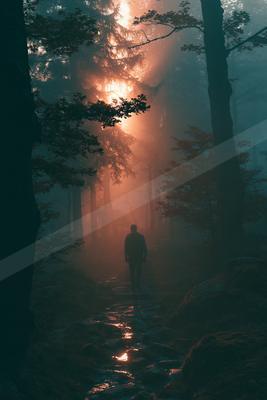 A night nature scene of forest, fog.