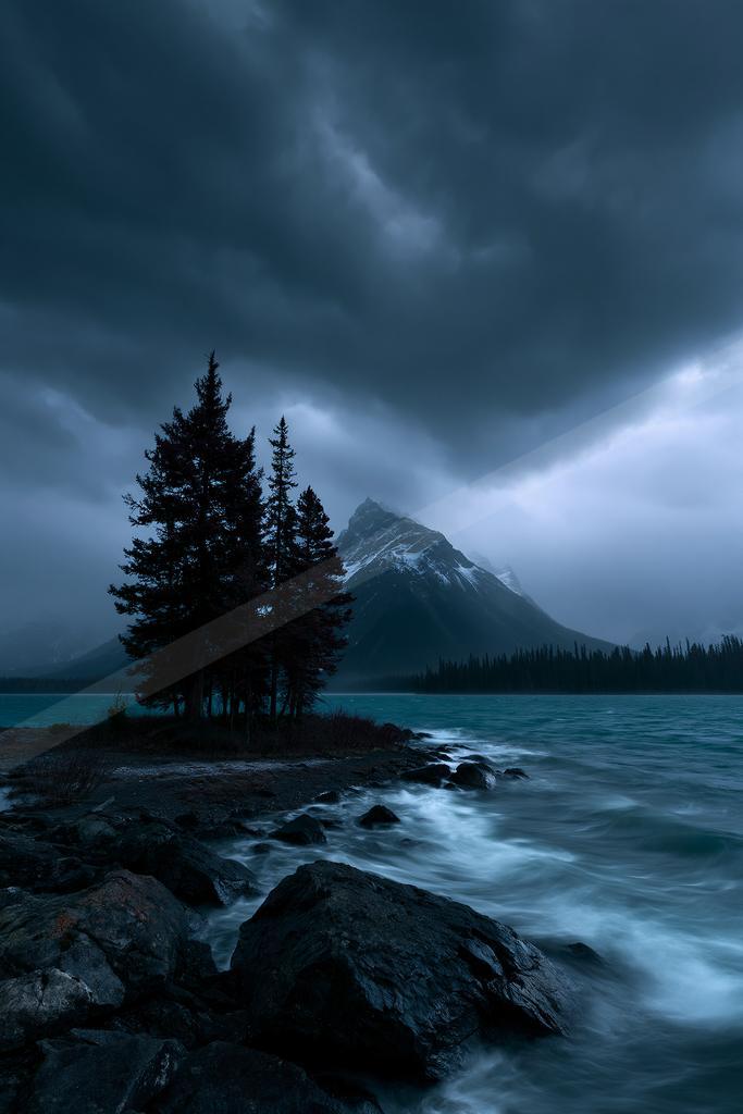 A night long exposure sky scene of storm, ocean, trees.