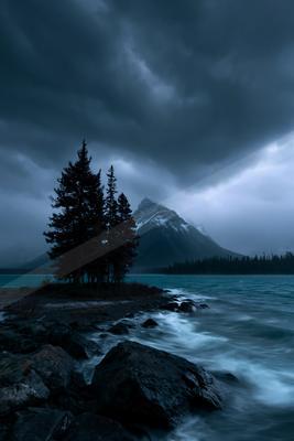 A night long exposure sky scene of storm, ocean, trees.