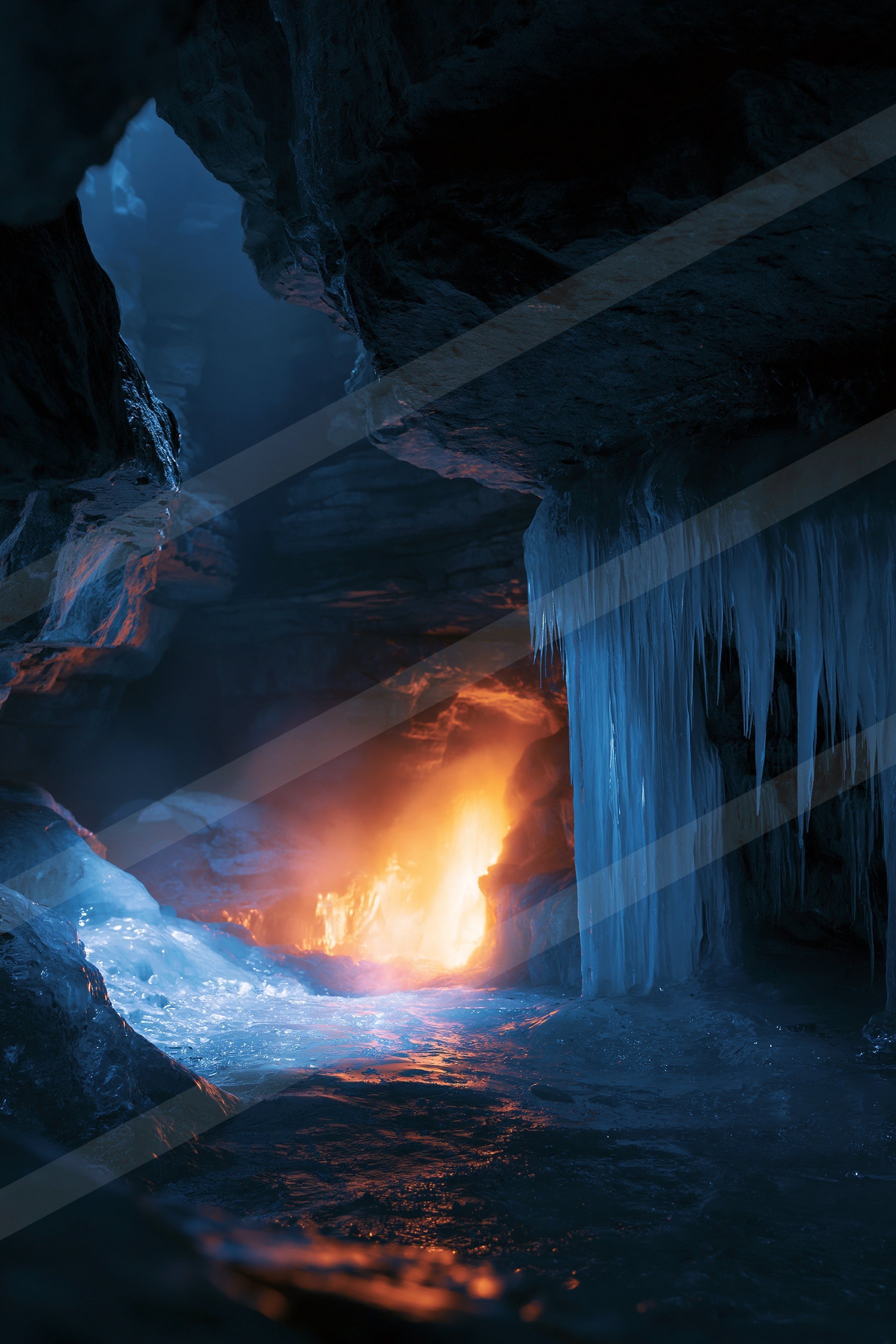 An ethereal landscape of a cave, ice.